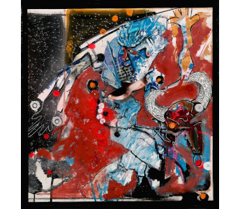 anteprima dell'opera pittorica di arte contemporanea che raffigura una rielaborazione del classico tema dell'arte minoica in cui un acrobata azzurro affronta un potente toro rosso