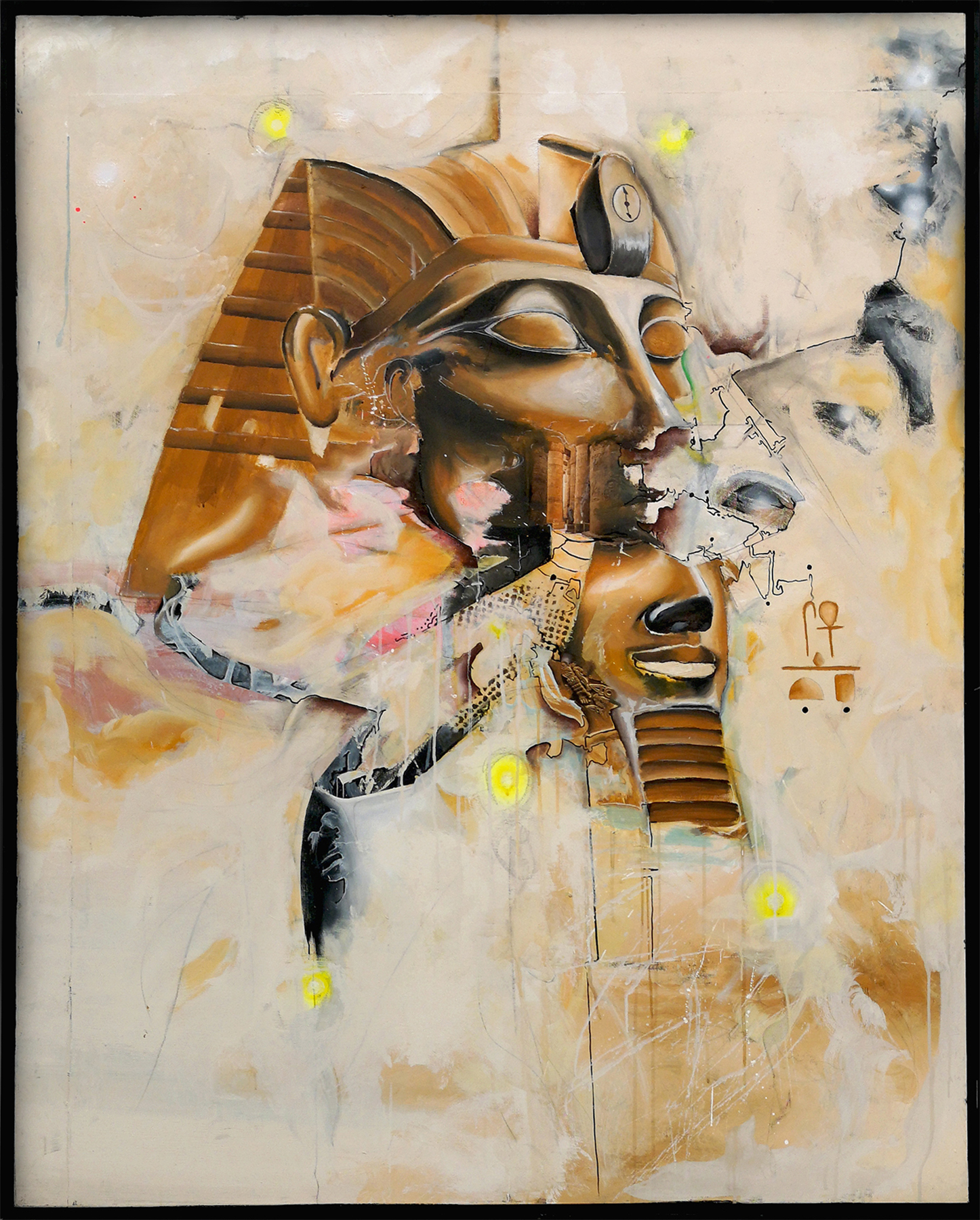 Mixedmedia painting on canvas entitled God Laughs performed with multiple mediums and inspired by the ancient Egyptian temple of Amon.
