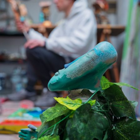 Sculpture with artist Alberto Ballocca on the back